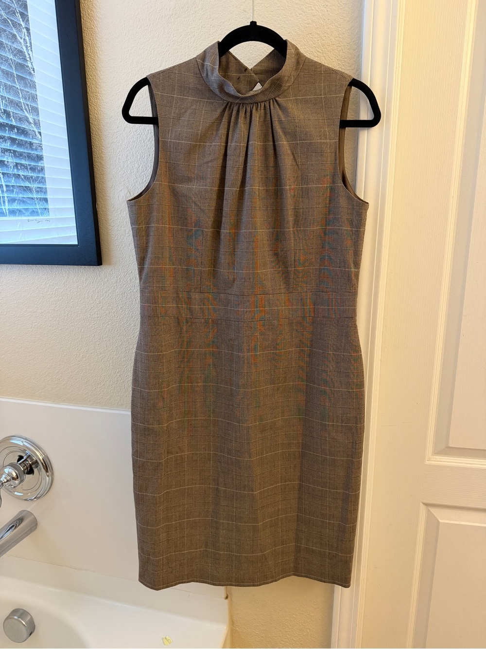 Michael Kors Taupe Plaid Mock-Neck Sheath Dress